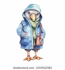 watercolor bird wearing clothes playfull funny white background isolated. vector illustration