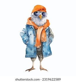 watercolor bird wearing clothes playfull funny white background isolated. vector illustration