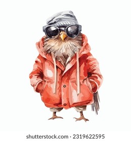 watercolor bird wearing clothes playfull funny white background isolated. vector illustration