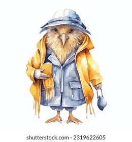 watercolor bird wearing clothes playfull funny white background isolated. vector illustration