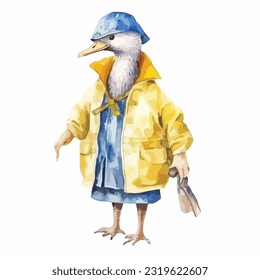 watercolor bird wearing clothes playfull funny white background isolated. vector illustration