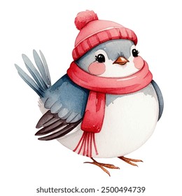 Pájaro de acuarela en ropa de invierno. Animales lindos en ropa de abrigo. Ilustración con pájaro dibujado a mano.