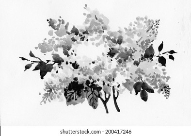 Watercolor bird-cherry tree, black and white vector