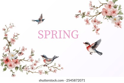 Watercolor birds circling over sakura trees. Spring concept. Hello spring, watercolor elements. Vector illustration.