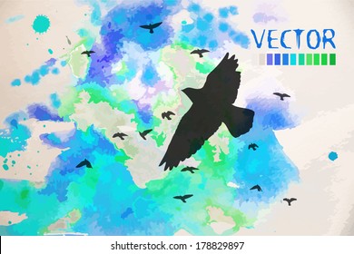 Watercolor birds in clouds abstraction. Vector