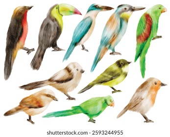 Watercolor Birds Collection Illustration Set - Hand-Painted, Realistic, Colorful Style - Toucan, Kingfisher, Parrot, Sparrow, Robin, Tropical Birds, Small Songbirds, Vector Illustration