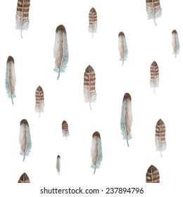 Watercolor birds feathers pattern. Seamless texture with realistic hand drawn feathers. Natural vector on white background