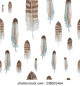 Watercolor birds feathers pattern. Seamless texture with realistic hand drawn feathers. Natural vector background