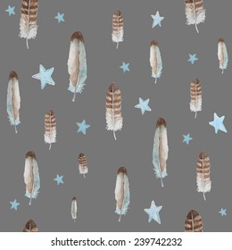 Watercolor birds feathers and stars pattern. Seamless texture with realistic hand drawn vintage elements. Natural vector background