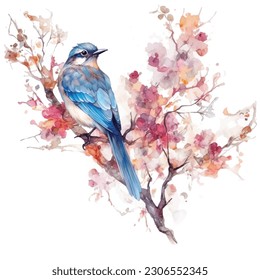 Watercolor birds on flowering branches