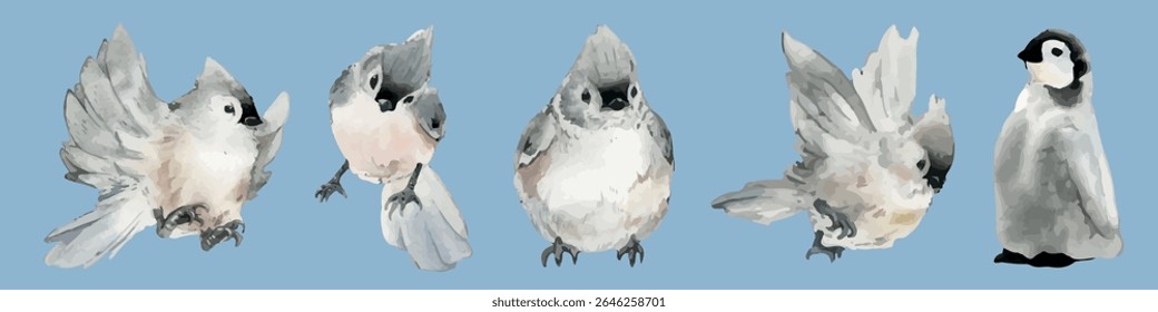 Watercolor birds and penguin illustration. Birds in flight, birds perched, and a penguin. Soft pastel colors, watercolor style, and cute animal depiction. Isolated animal vector set.