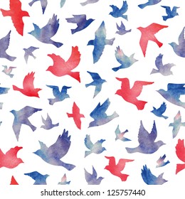 Watercolor birds seamless pattern.