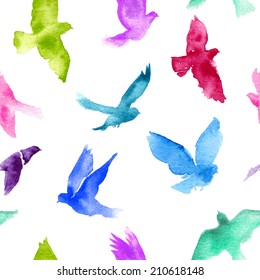 Watercolor birds seamless pattern.