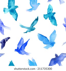 Watercolor birds seamless pattern.