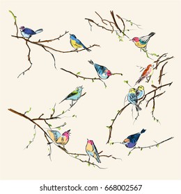 Watercolor birds. vintage seamless texture of little birds 