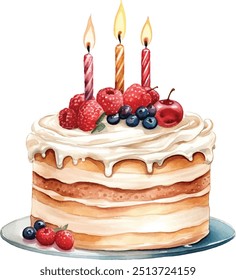 Watercolor Birthday Cake With Candles Illustration