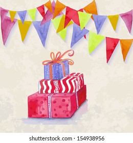Watercolor birthday card with flags. balloon, gifts boxes.