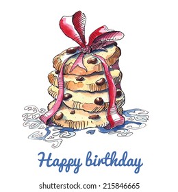 Watercolor birthday card with stack of cookies. EPS 10. No transparency. No gradients.