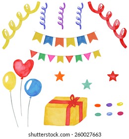 Watercolor birthday design elements.  Hand drawn set with balloons, gift and festive attributes. Vector illustration