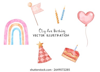 Watercolor birthday element set with balloon, candles, hat, strawberry cream cake, and cute rainbow. Surprise collection for kid celebration.