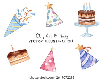 Watercolor birthday element set with birthday cake, candles, hat, chocolate cream cake, and birthday trumpet. Surprise collection for kid celebration.