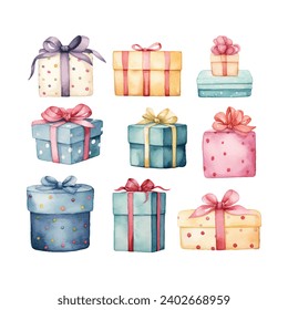 watercolor birthday gift box set clipart white background