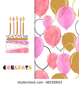 Watercolor Birthday Greeting Card Design In Pink And Golden Colors. Vector Illustration Of Birthday Cake With Candles And Balloons.