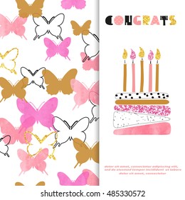 Watercolor birthday greeting card design in pink and golden colors. Vector illustration of birthday cake with candles and butterflies. 