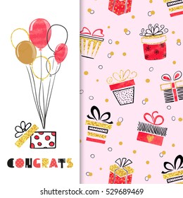 Watercolor birthday greeting card design in red, black and golden colors. Vector illustration of gift boxes and balloons.