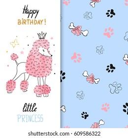 Watercolor birthday greeting card design for little girl. Vector illustration of cute little princess poodle dog.