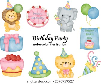 Watercolor Birthday Party Clip Art Set with Cute Animal Characters - Includes Lion, Elephant, Cat, Birthday Cake, Gift Box, Party Hat, Balloons, Banner, and Confetti - Perfect for Scrapbooking, Party 