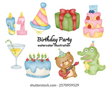 Watercolor Birthday Party Clip Art Set - Cute Animal Characters, Balloons, Birthday Cake, Party Hats, and Gift Box Illustration - Perfect for Invitations, Scrapbooking, Cards, and Party Decorations