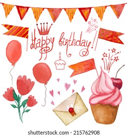 Watercolor birthday party elements set. Vector