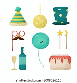 A watercolor birthday party themed object, a concept for decorating a venue or making invitation cards. Cartoon vector illustration in watercolor style