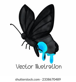 Watercolor black butterfly vector illustration. Sticker decoration. Black and blue tone mysterious and charming spring animals