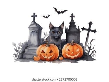 Watercolor black cat halloween creepy spooky, pumpkins, ghosts, grave, bats, cemetery vector illustration