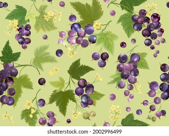 Watercolor black currant seamless pattern. Summer berries, fruits, leaves, flowers background. Vector illustration for spring cover, tropical wallpaper texture, backdrop, wedding invitation