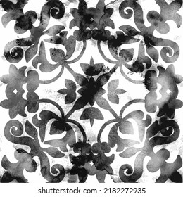 Watercolor black damask hand drawn seamless pattern, monochrome renaissance tiling ornament. renaissance and baroque ceramic tiles inspired. classic, vintage seamless pattern design. 