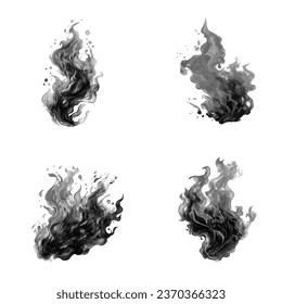 Watercolor black fire set. set of watercolor flame fire illustrations