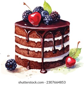 Watercolor Black Forest cake , Vector, illustration