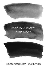 Watercolor black and grey banners set. Hand drawn abstract art. Creative design elements for website, scrapbooking and more.