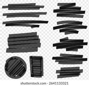 Watercolor black hand drawn highlight set. Vector highlighter graphic stylish element. Marker black set, brush pen hand drawn underline. Highlighter collection, brush lines, isolated.