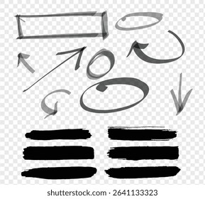 Watercolor black hand drawn highlight set. Vector highlighter graphic stylish element. Marker black set, brush pen hand drawn underline. Highlighter collection, brush lines, isolated.