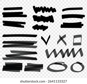 Watercolor black hand drawn highlight set. Vector highlighter graphic stylish element. Marker black set, brush pen hand drawn underline. Highlighter collection, brush lines, isolated.