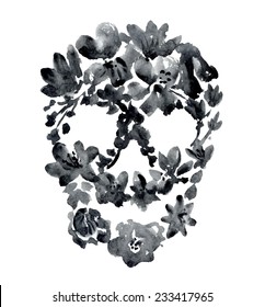 watercolor black skull with flowers. vector illustration