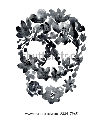 watercolor black skull with flowers. vector illustration