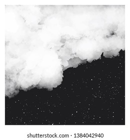 Watercolor black and white background. Painting of dramatic moody texture. Abstract aquarelle vector paint splash. Monochrome screen. Grayscale backdrop of sky with stars. Two colors.