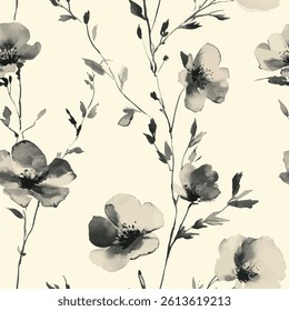 Watercolor black and white floral pattern, watercolor flower seamless pattern. Watercolor print in rustic vintage style, textile or wallpaper.  