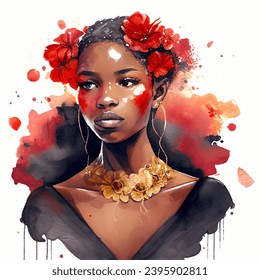 Watercolor black woman with red flowers in her hair vector illustration. African girl floral fashion design on white background. Abstract spring concept art