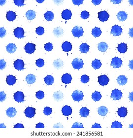 Watercolor blobs seamless pattern. Polka dots. Vector ink paint splats.